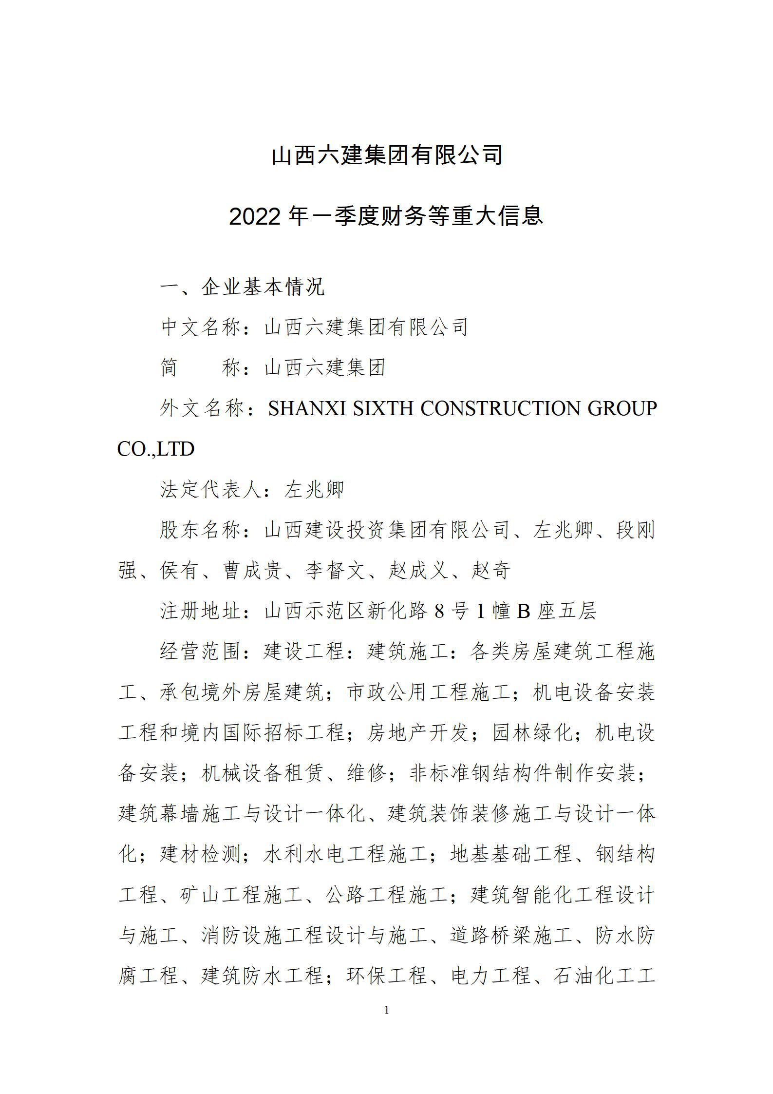 山西六建集團有限公司2022年一(yī / yì ／yí)季度财務等重大(dà)信息