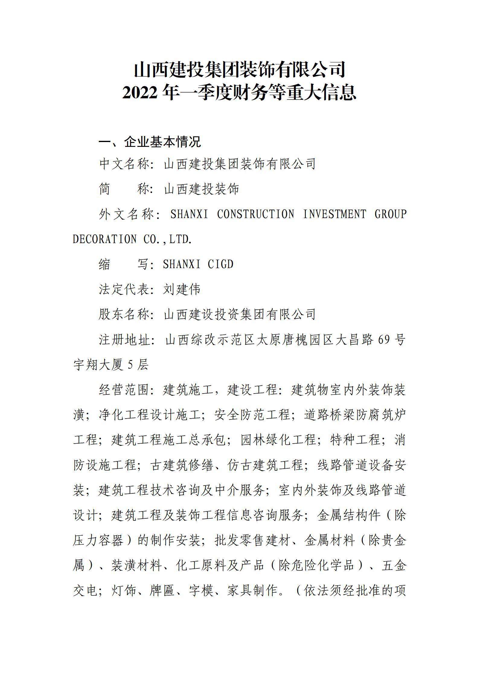 山西建投集團裝飾有限公司2022年一(yī / yì ／yí)季度财務等重大(dà)信息